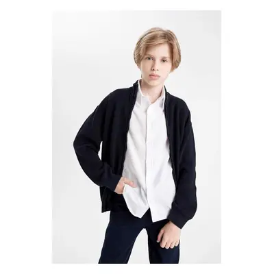 DEFACTO Boy Stand Collar Ribbed Zippered Navy Blue Knit School Cardigan