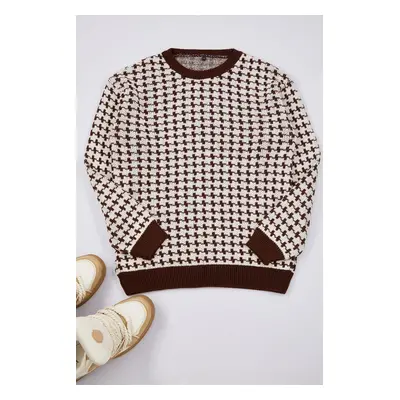 Trendyol Brown Regular Crew Neck Houndstooth Knitwear Sweater