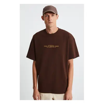 GRIMELANGE Frank Men's Thick Textured Print Detail Oversize & Organic Cotton Brown T-shirt