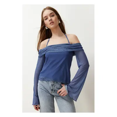 Trendyol Indigo Flare Sleeve Tie Detailed Knitted Blouse