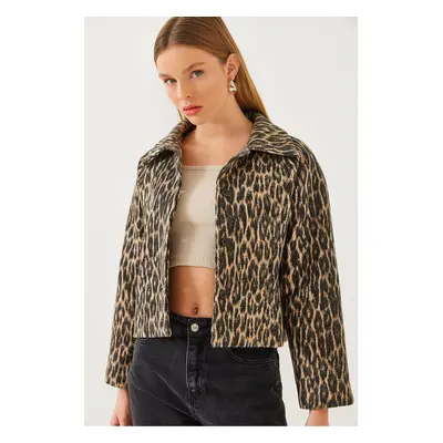 Bianco Lucci Women's Leopard Patterned Shirt Collar Cashmere Jacket