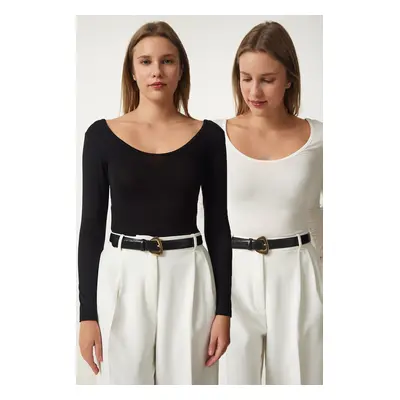 Happiness İstanbul Women's Black and White Wide U Neck Double Pack Viscose Knitted Blouse