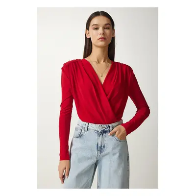 Happiness İstanbul Women's Red Wrap Collar Snap-Up Knitted Blouse