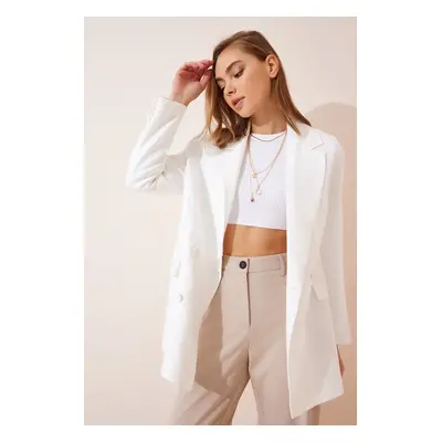 Happiness İstanbul Women's White Textured Linen Oversized Blazer Jacket