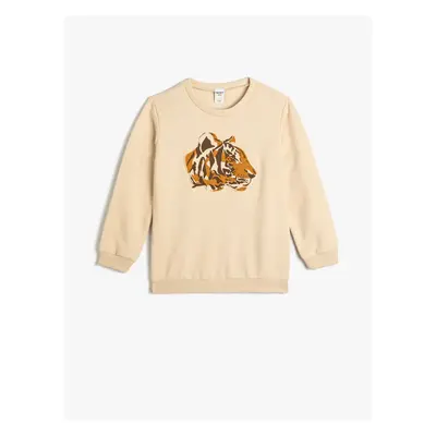 Koton Sweatshirt Long Sleeve Crew Neck Tiger Embossed Printed Raised