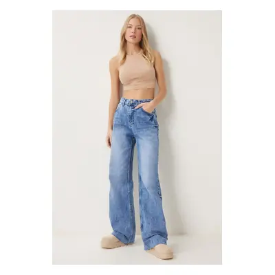 Happiness İstanbul Women's Blue High Waist Wide Leg Jeans