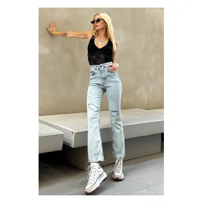 Trend Alaçatı Stili Women's Ice Blue High Waist Ripped Detail Straight Fit Jeans