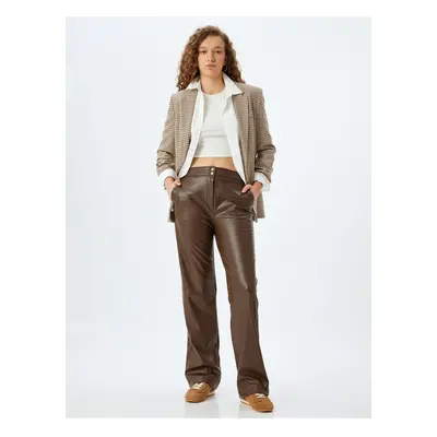 Koton Faux Leather Stitched Detail Buttoned Straight Leg Trousers