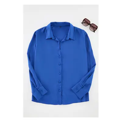 Trendyol Curve Blue Buttoned Regular Cut Woven Plus Size Shirt