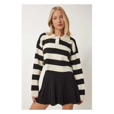 Happiness İstanbul Women's Cream Black Stylish Buttoned Collar Striped Crop Knitwear Sweater