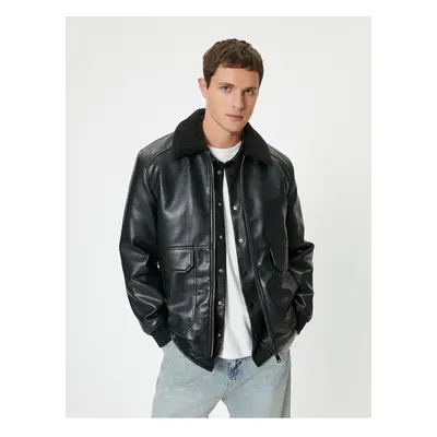 Koton Faux Fur Leather Jacket Pocket Slim Fit