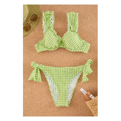 Trendyol Yellow-Multicolor Plaid / Plaids Bralette Regular Waist Bikini Set