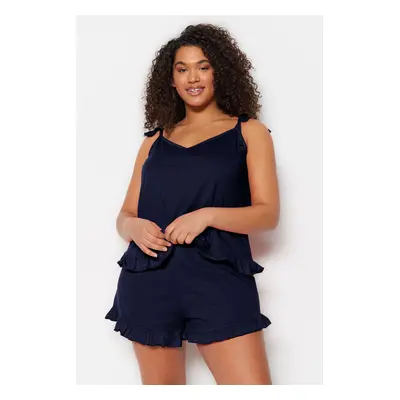 Trendyol Curve Navy Blue Strap Knitted Ruffle Detail Pajama Set