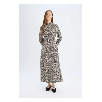 DEFACTO Shirt Collar Leopard Print Buttoned Belted Long Sleeve Maxi Dress