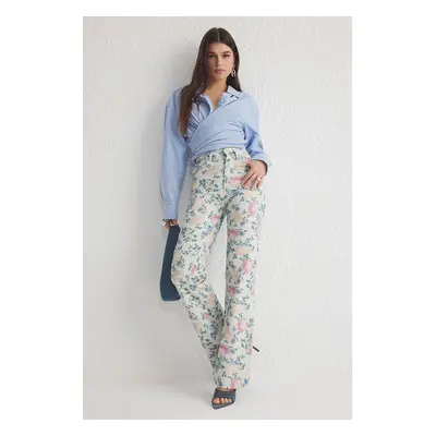 Trendyol Multicolored Floral Print High Waist Wide Leg Jeans