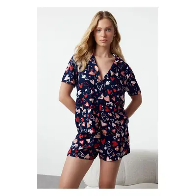 Trendyol Navy Blue-Multi Colorful Heart Viscose Woven Pajama Set