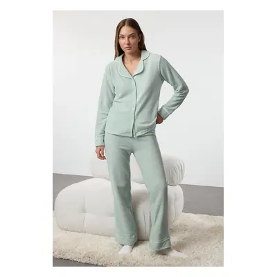 Trendyol Mint Heart Piping Detailed Fleece Winter Knitted Pajamas Set