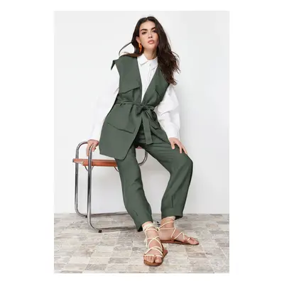 Trendyol Khaki Linen Look Vest Trousers Woven Bottom Top Set