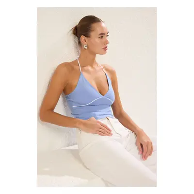 Trendyol Light Blue Fitted/Body-Sit Piping Detail Elastic Knitted Blouse with Straps