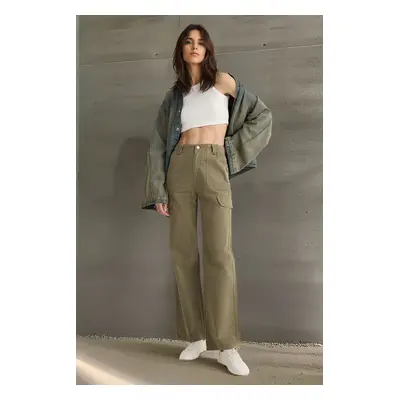 Trendyol Khaki Cargo Pocket Cover Detail High Waist Wide Leg Jeans