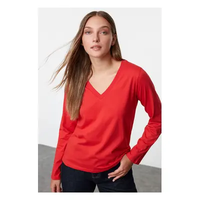 Trendyol Red 100% Cotton Regular/Normal Fit Basic V-Neck Long Sleeve Knitted T-Shirt