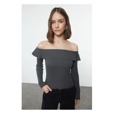 Trendyol Anthracite Carmen Collar Fitted Cut Out Detailed Ribbed Stretchy Knitted Blouse