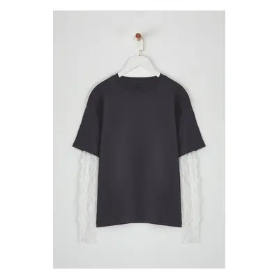 Trendyol Anthracite Lace Detailed Oversize/Wide Pattern Knitted T-Shirt