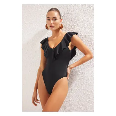 Trendyol Black*001 Plain Round Strap Swimsuit