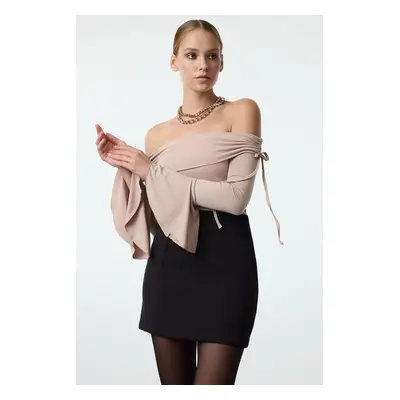 Trendyol Stone Carmen Collar Tie Detailed Spanish Sleeve Knitted Stylish Blouse