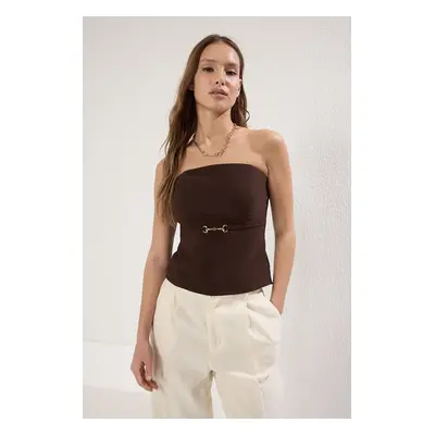 Trendyol Brown Strapless Fitted Thin Ornamental Belt Detail Woven Blouse