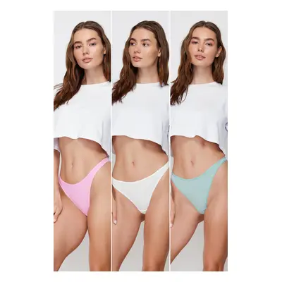 Trendyol Ecru-Pink-Green 3-Pack Cotton Thong Knitted Briefs