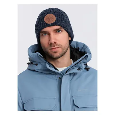 Ombre Men's beanie cap with round embossed patch - navy blue