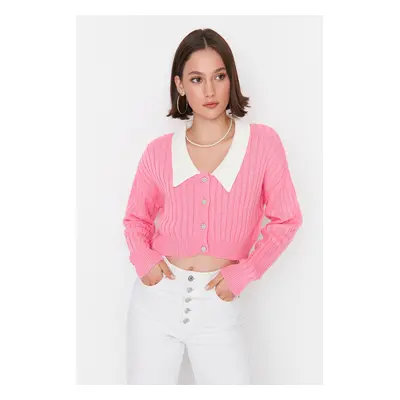 Trendyol Pink Crop žebrovaný pletený svetr