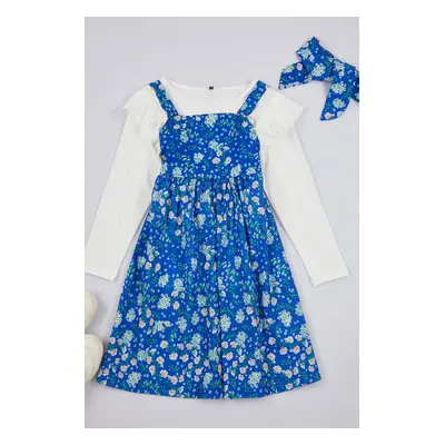 Trendyol Navy Blue 3-Piece Girl Floral Patterned Bandana Knitted Dress