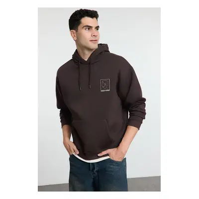 Trendyol Dark Brown Oversize/Wide Cut Hooded Fleece Embroidered Sweatshirt