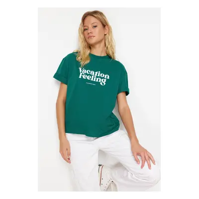 Trendyol Emerald Green Printed Premium 100% Cotton Relaxed/Comfortable Fit Knitted T-Shirt