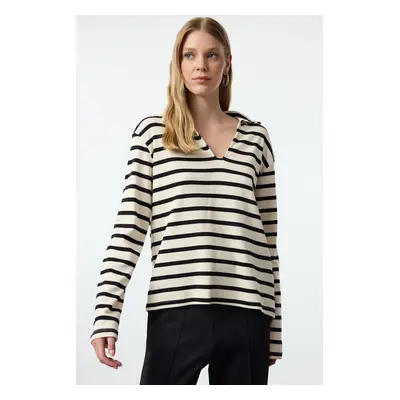 Trendyol Ecru Polo Neck Relaxed/Comfortable Fit Striped Knitted Sweatshirt