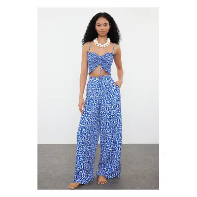 Trendyol Blue Tile Patterned Woven Gipel Strapless Blouse Trousers Beach Suit