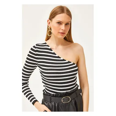 Olalook Women's Striped Black One Shoulder Waist Top Crop Knitwear Blouse