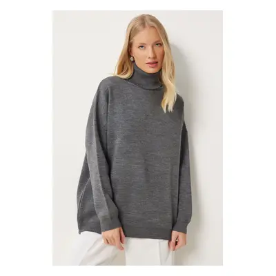 Happiness İstanbul Women's Grey Turtleneck Oversize Knitwear Sweater