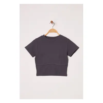 Trendyol Anthracite Piping Detail Crew Neck Crop Ribbed Flexible Knit Blouse