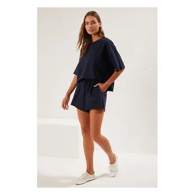 Trendyol Navy Blue Oversize/Wide Pattern Thin Flexible Shorts T-shirt Knitted Bottom-Top Set