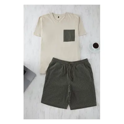 Trendyol Beige-Khaki Regular Fit Striped Knitted Shorts Pajama Set