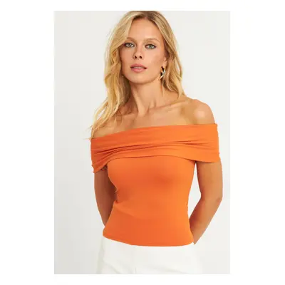 Cool & Sexy Women&#39;s Orange Madonna Collar Blouse CY340