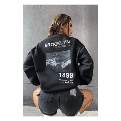 MOONBULL Unisex Black Bronlyn Back Printed Crewneck Oversized Sweatshirt.