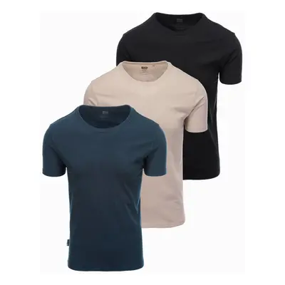 Ombre Set of men's BASIC cotton shirts with round neckline - black/gray/sand