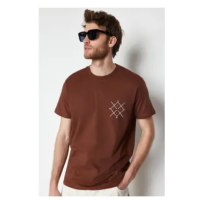 Trendyol Brown Regular Cut Logo Printed 100% Cotton Short Sleeve T-Shirt