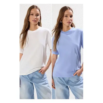 Trendyol Ecru-Blue 2-Pack 100% Cotton Basic Stand Collar Knitted T-Shirt