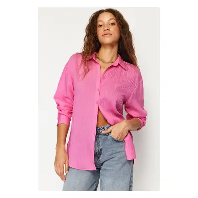 Trendyol Pink Striped Oversize Wide Fit Textured Woven Shirt