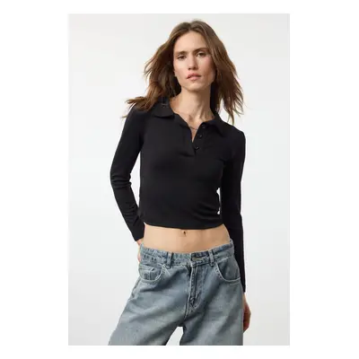 Trendyol Black Plain Soft Fabric Fitted Polo Neck Buttoned Stretchy Knitted Blouse